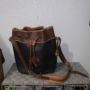 Vintage Dooney & Bourke Black and Brown Leather Bucket Bag